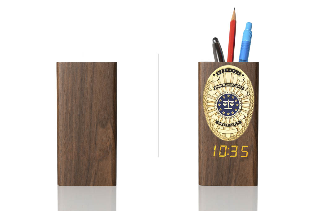 “Ambassador” Wooden Pen Holder with Metal Badge and Multifunction Clock , investigator EU, engraving