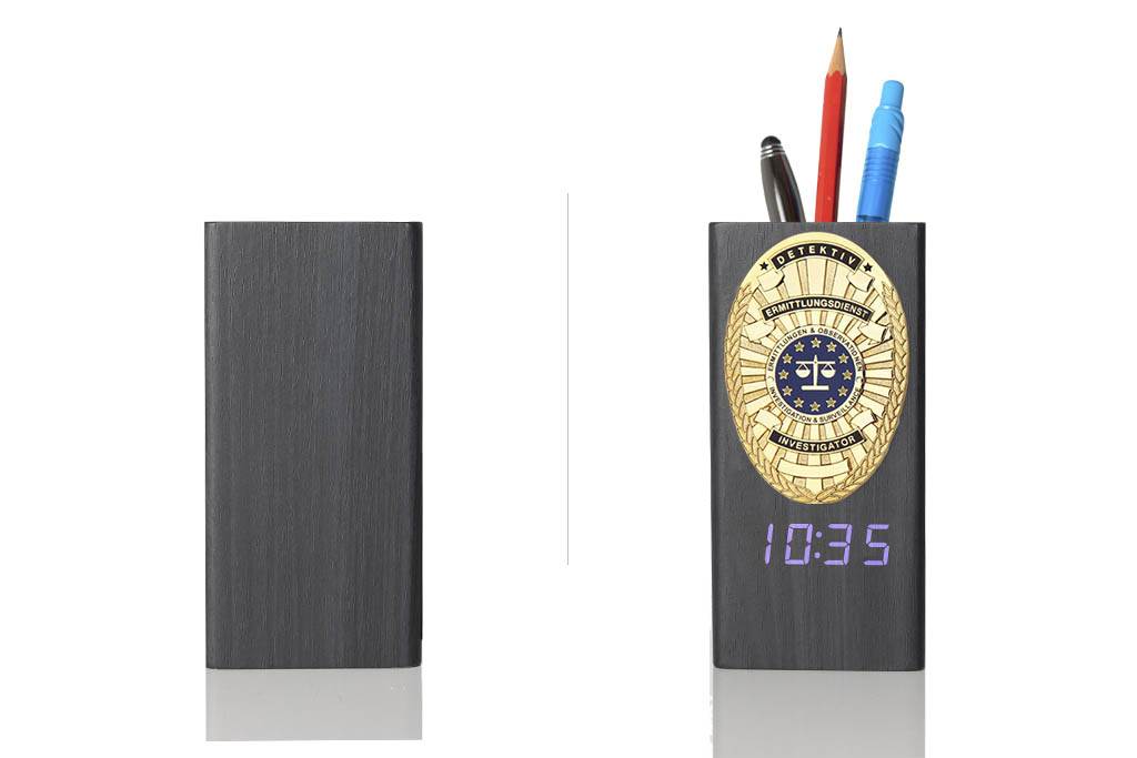 “Ambassador” Wooden Pen Holder with Metal Badge and Multifunction Clock , investigator EU, engraving