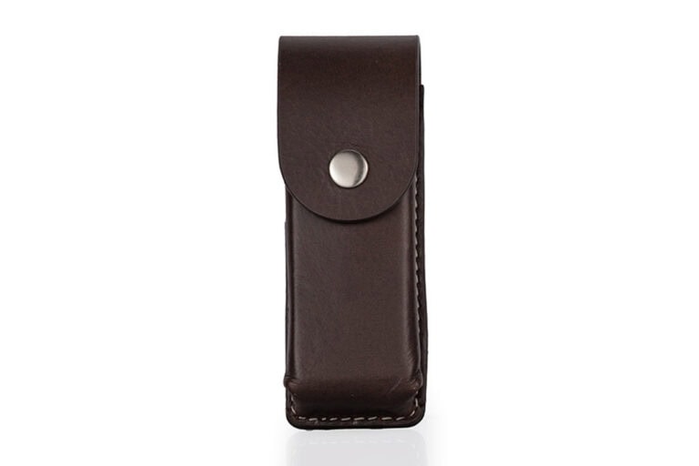 Hochwertige Lederholster für Taschenmesser – Robust, Stilvoll, Langlebig dunkelbraun 01 Metal Badge