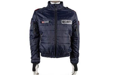 Dark blue polyester ripstop quilted jacket with various extras