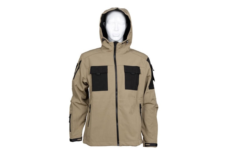 Hooded Outdoor Softshell Jacket – Khaki / Black 01 Softshell Jacket Metal Badge