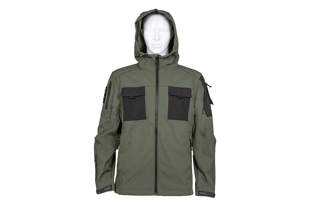 Outdoor Softshell Jacke mit Kapuze – grün, schwarz
