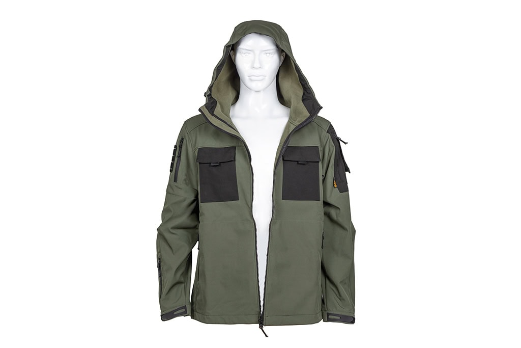 Outdoor Softshell Jacke mit Kapuze – grün, schwarz