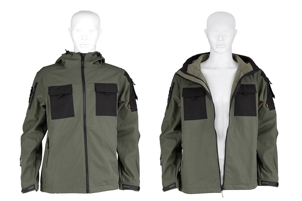 Outdoor Softshell Jacke mit Kapuze – grün, schwarz