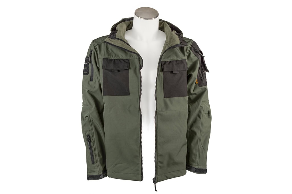Outdoor Softshell Jacke mit Kapuze – grün, schwarz