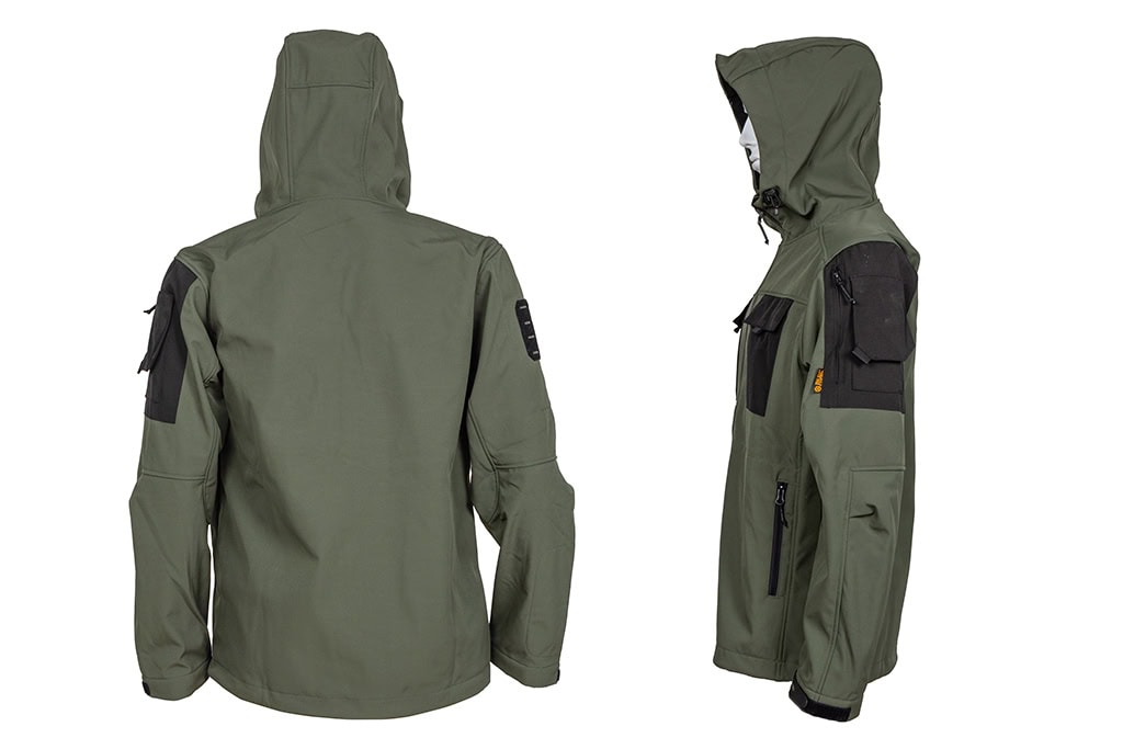 Outdoor Softshell Jacke mit Kapuze – grün, schwarz